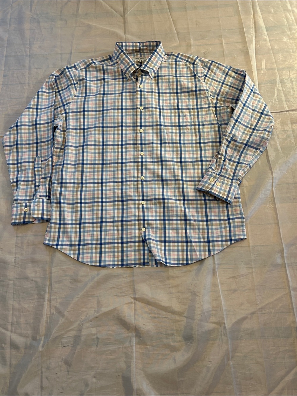 Peter Millar Men's Plaid Button-Down Shirt in Blue and White with Tan Accents